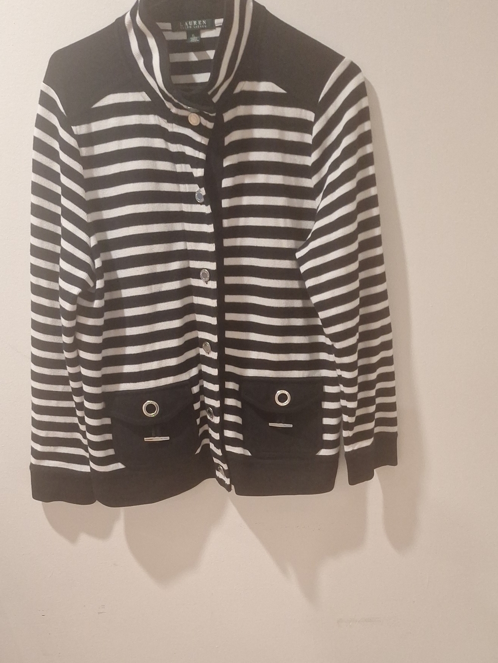 Classic Sporty Lauren Ralph Lauren Black and White Striped  Women Jacket Sz XL